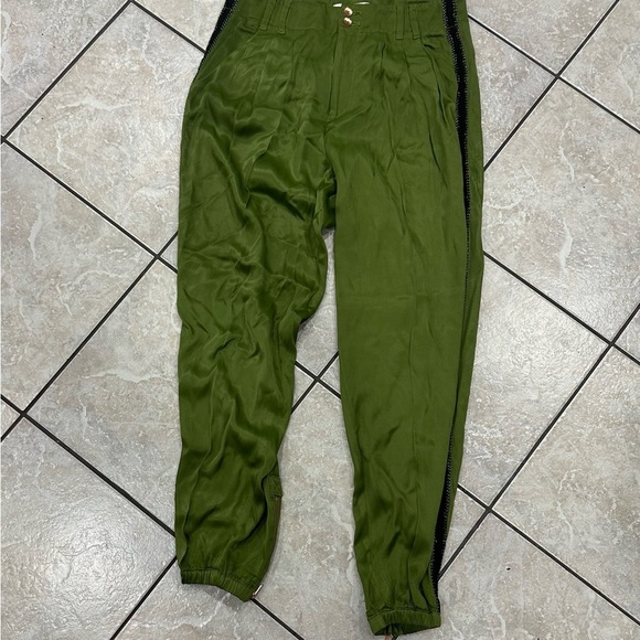 Anthropologie Green Satin Joggers with Button waistband - Picture 1 of 5